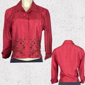 Ice 4 Red Silk Beaded Floral Button Down Front Lined Collar 3/4 Sleeve Blouse